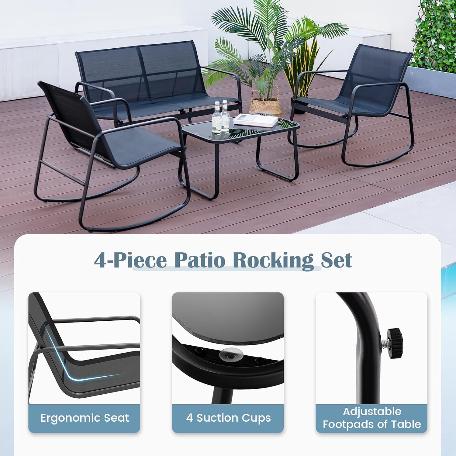 Tangkula 4 Piece Rocking Patio Furniture Set, 2 Rocking Chairs & Loveseat with Glass-Top Table, Patio Rocking Set with Smooth Rocking Motion, Outdoor Rocker Conversation Set for Porch, Yard (1, Black)