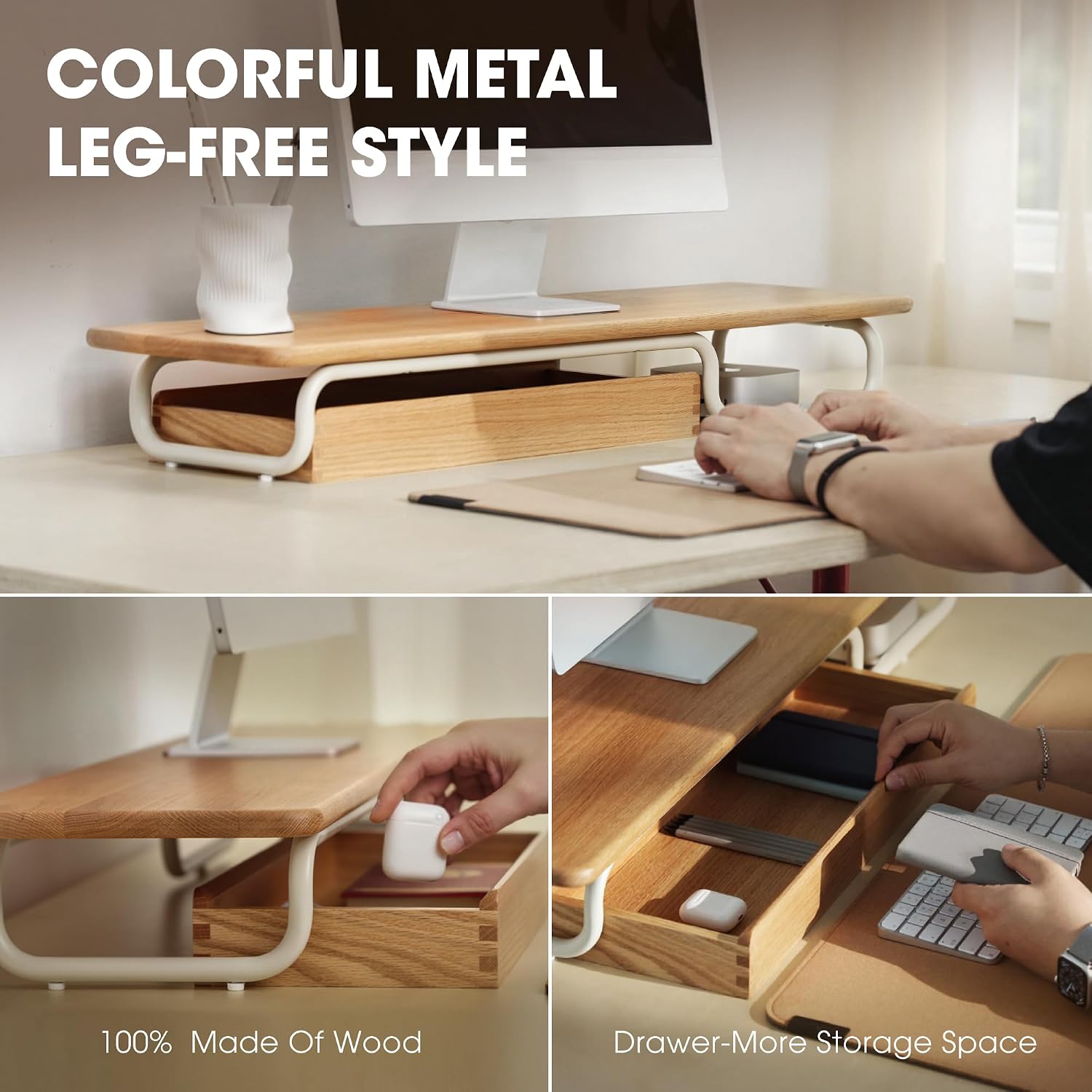 Fenge Dual Monitor Riser, 37 Inch Monitor Stand for Desk, Solid Wood Desk Shelf with Large Drawer Organizer, No Assembly Computer Stand for PC, Laptop, Printer, TV