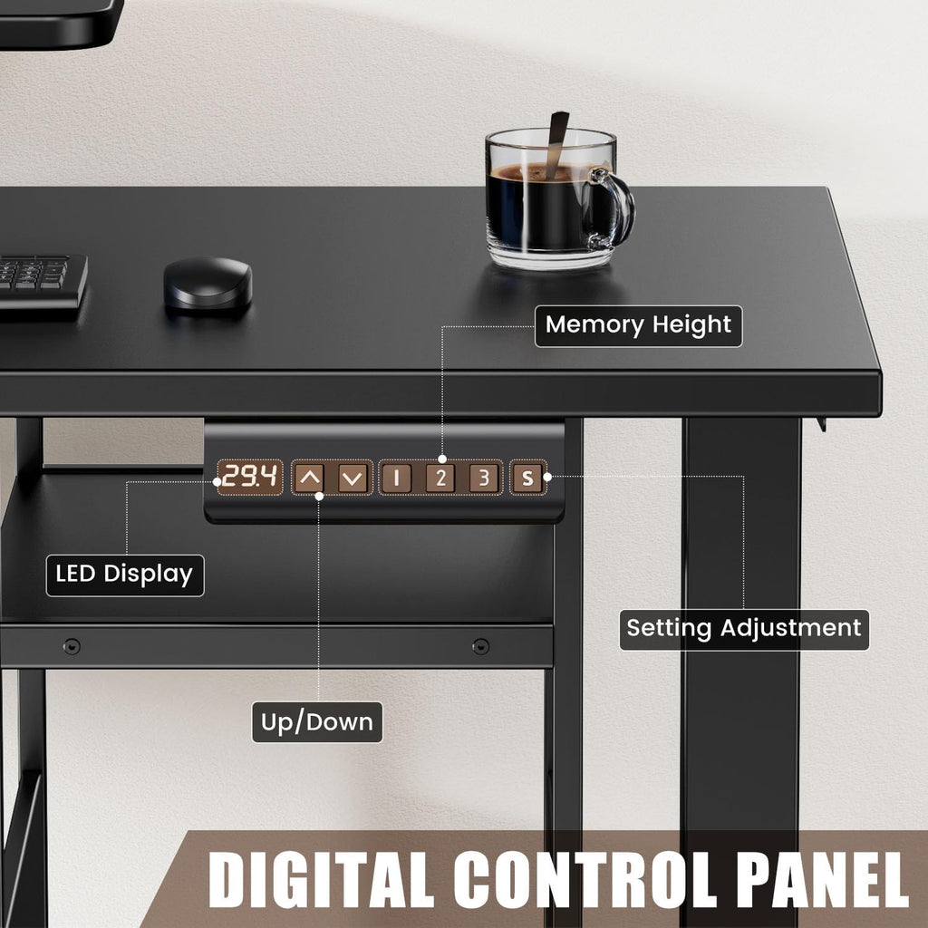 Flycity Electric L Shaped Standing Desk Adjustable Height, 67' x 47' Corner Computer Desk with Host Shelf, Gaming Desk with LED Lights & Power Outlet, Dual Motor Home Office Desk with Storage, Black