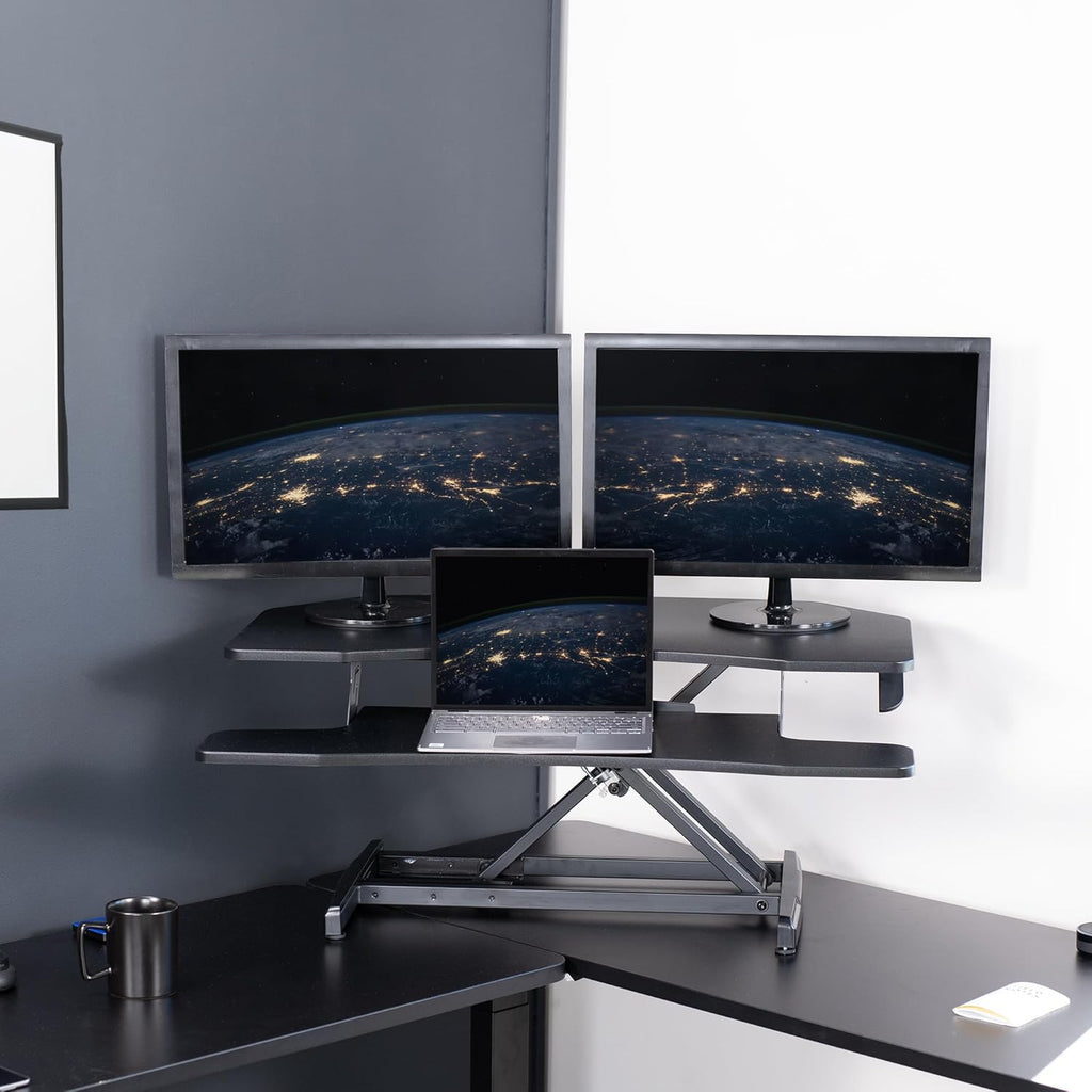 VIVO Corner Height Adjustable 38 inch Standing Desk Converter, Quick Sit to Stand Tabletop Dual Monitor Riser Workstation, DESK-V037MC