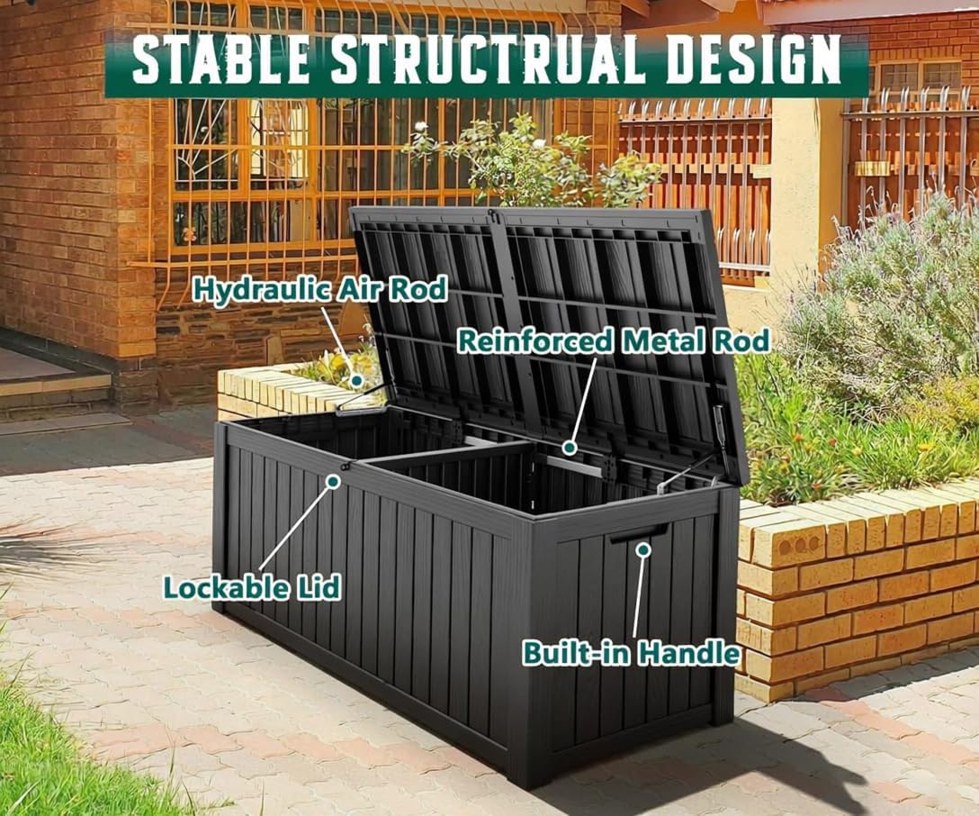 NUNU LAB 180 Gallon Outdoor Storage Box,Resin Large Sturdy Deck Box, Backyard Outside Storage Box Waterproof with Double Wall Panels,Package Delivery Box,Garden Box,Tool Box,Outdoor Hose Storage Bin