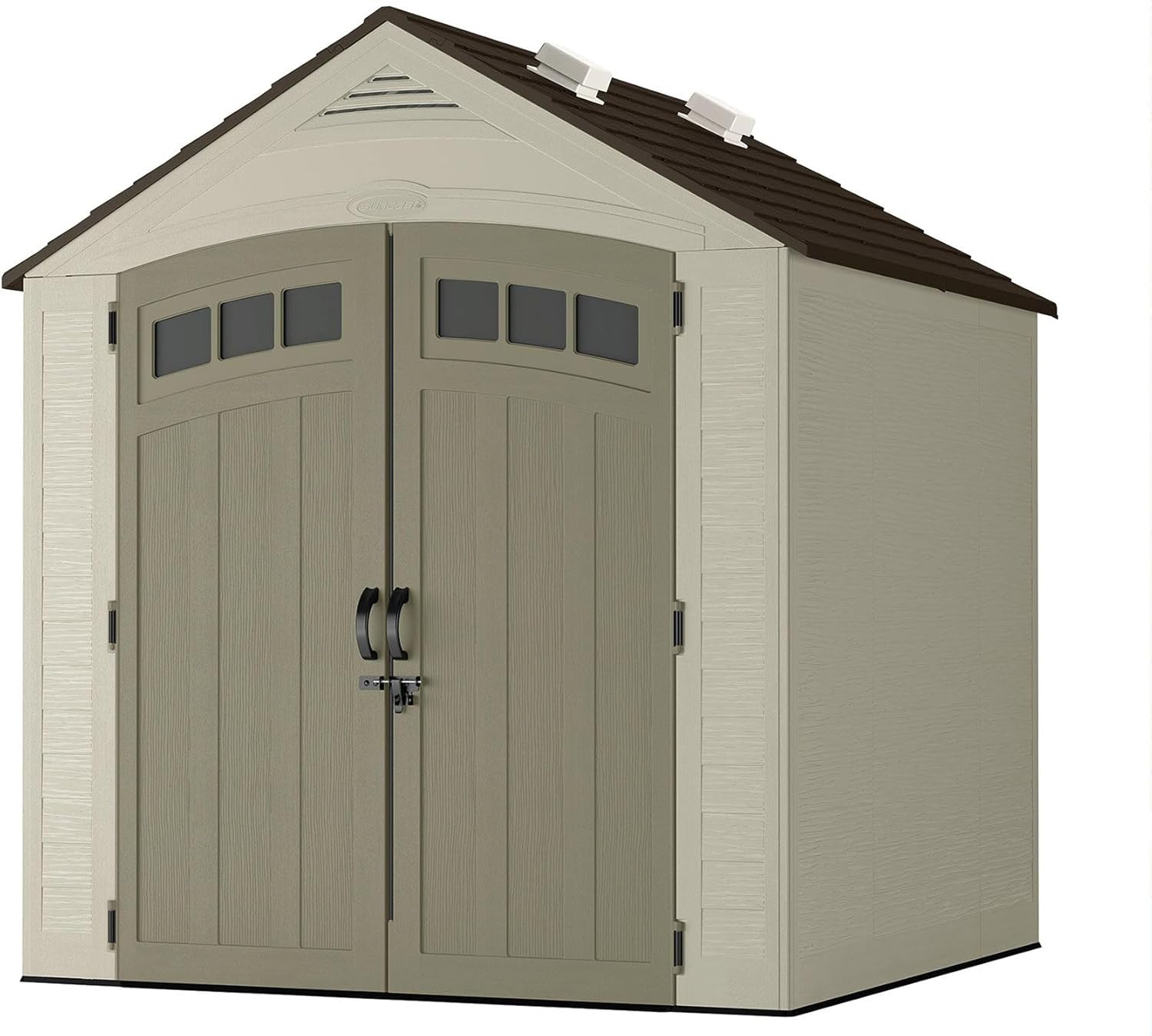 Suncast Vista 7x7 Storage Shed with Multi-Wall Resin Panels, 4 Skylights, IllumiVent System, and Pad-Lockable Doors, 84' D x 84' W x 98' H, Made in The USA