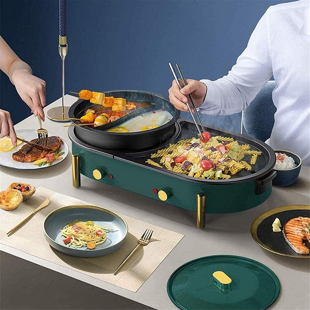 Electric Hot Pot Grill Electric Barbecue Grill,2 in 1 Non-Stick BBQ And Shabu Pot with Independent Temperature Control,Ideal for 2-8 People
