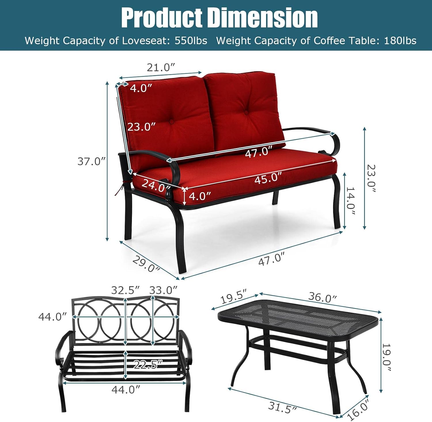 Tangkula Patio Loveseat with Table Set, 2 Seat Cushioned Sofa with Coffee Table, Patio Conversation Sofa Set with Rustproof Frame, 2 Pieces Outdoor Furniture Set for Garden, Poolside, Balcony (Red)