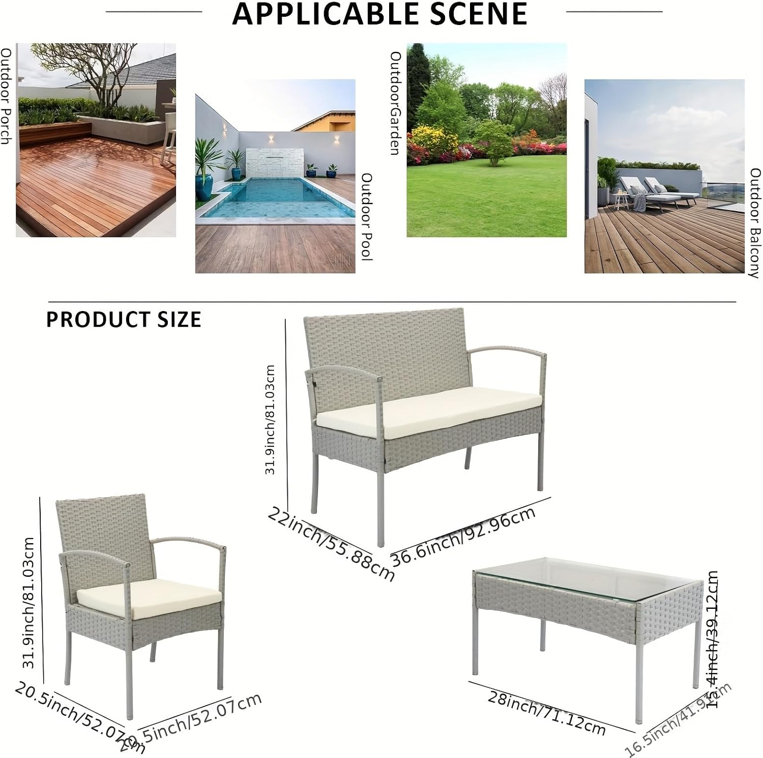 4-Piece Rattan Wicker Patio Furniture Set, Outdoor Conversation Set with Coffee Table, All-Weather Wicker Chair for Porch, Balcony, Garden, Backyard, Modern Outdoor Seating Set (Grey)