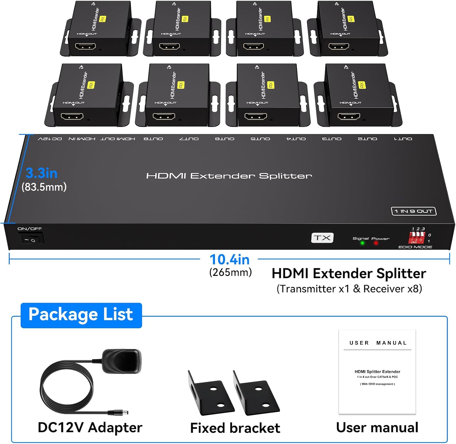 VPFET HDMI Extender Splitter Over Ethernet 1 in 8 Out Cat5e or 6 Up to 165FT 50m HD1080P 60Hz 3D with Port Loop Out Support EDID POC Suitable for Projection Exhibition Presentations