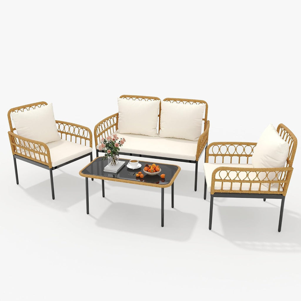4 Pieces Patio Furniture Set,Outdoor All-Weather Wicker Rattan Bistro Set with Glass Table and Thick Cushions Boho Loveseat Chairs for Balcony Garden Backyard Poolside,Beige