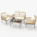 4 Pieces Patio Furniture Set,Outdoor All-Weather Wicker Rattan Bistro Set with Glass Table and Thick Cushions Boho Loveseat Chairs for Balcony Garden Backyard Poolside,Beige