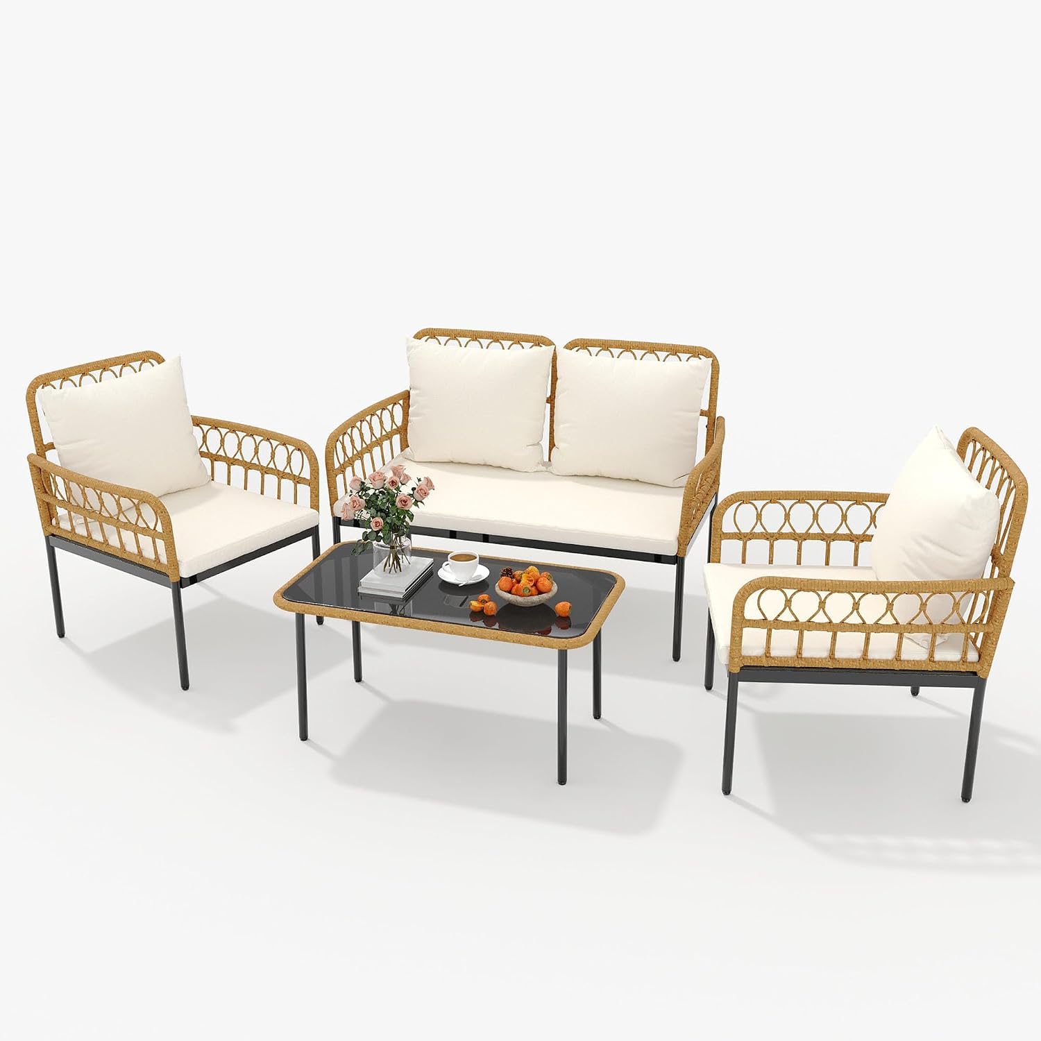 4 Pieces Patio Furniture Set,Outdoor All-Weather Wicker Rattan Bistro Set with Glass Table and Thick Cushions Boho Loveseat Chairs for Balcony Garden Backyard Poolside,Beige