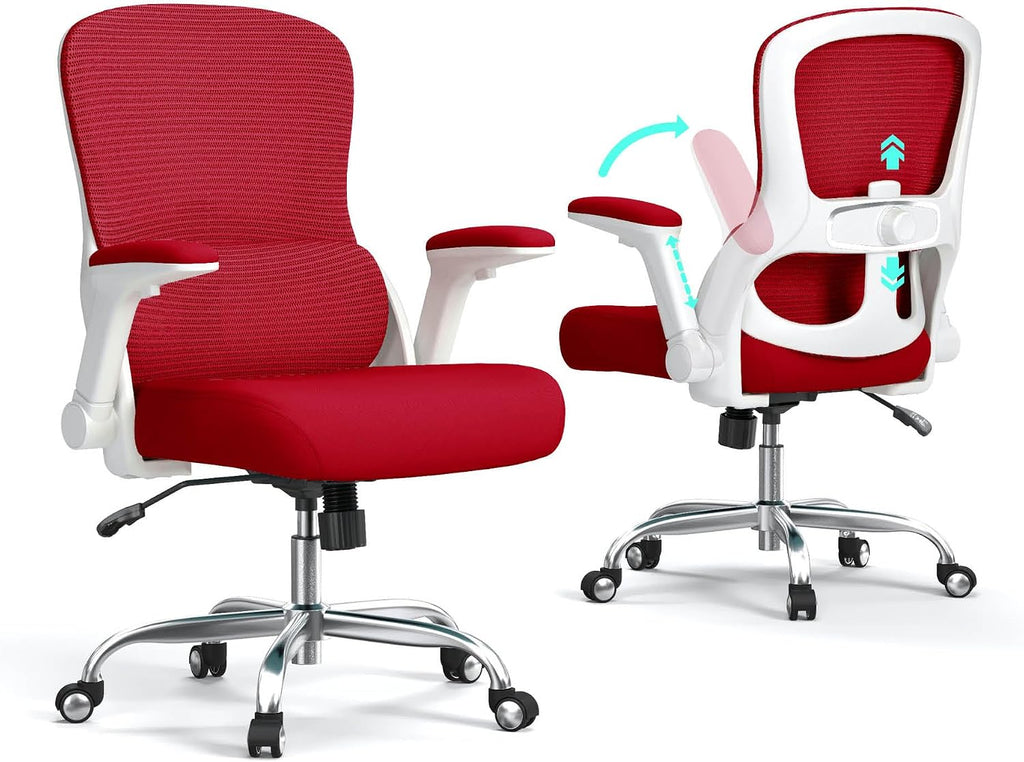 Office Chair Ergonomic Desk Chair Comfy: 400LBS Mesh Computer Chair Ergonomic Gaming Chairs with Wheels Adjustable Lumbar Support and Flip up Armrest-Swivel Executive Chairs Long Hours(Red)