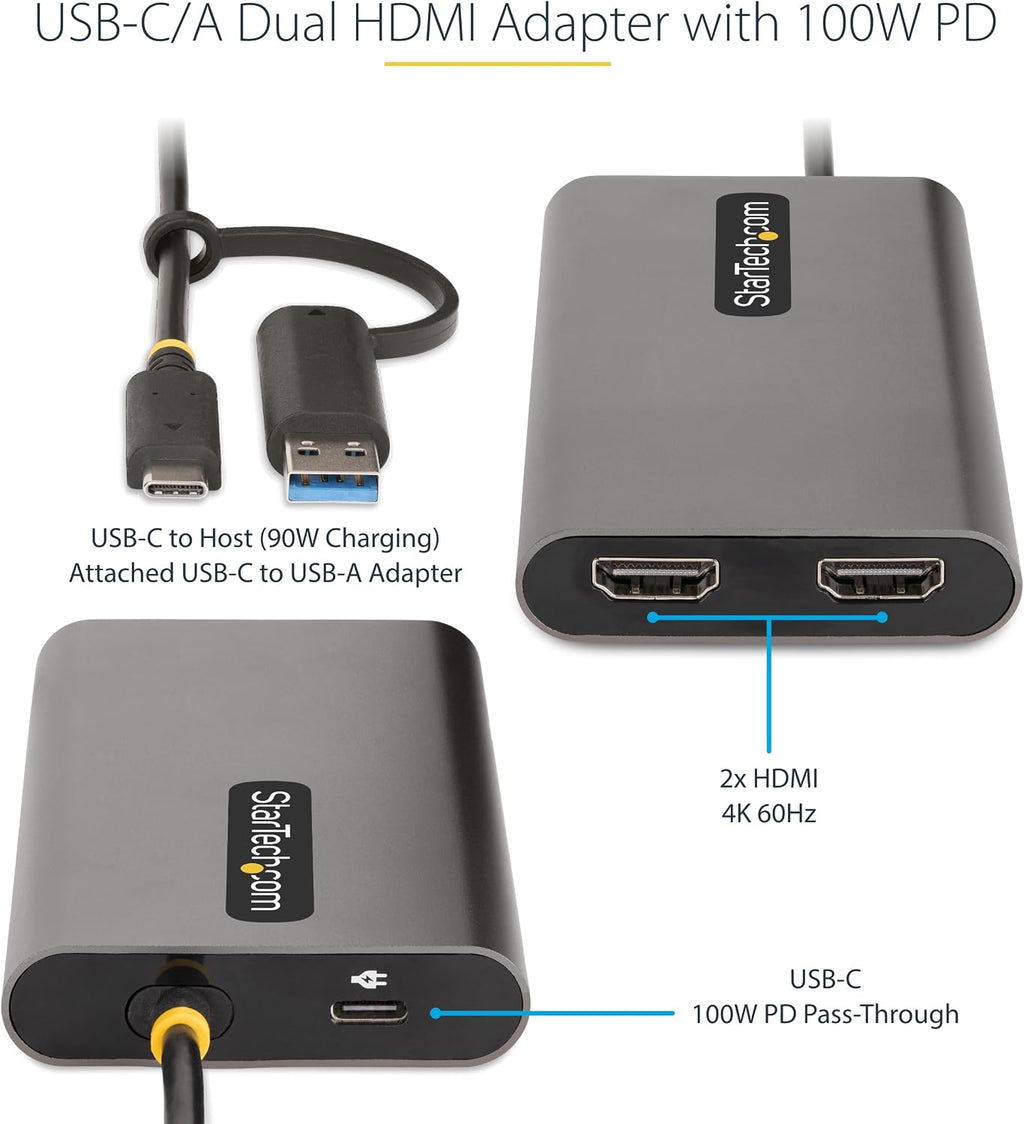 StarTech.com USB-C to Dual-HDMI Adapter, USB-C/A to 2X HDMI Converter, 4K 60Hz, 100W PD Pass-Through, Win/Mac, TAA