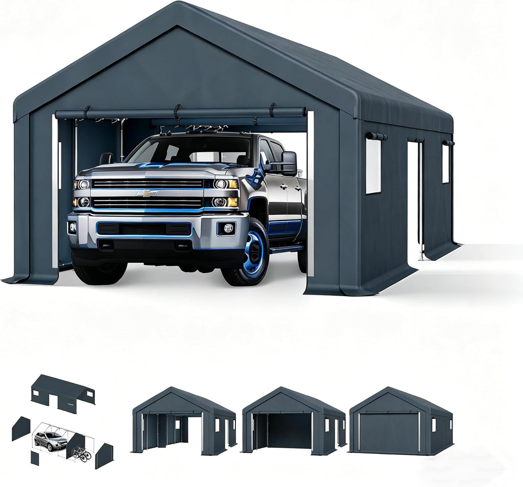 PHI VILLA Portable Garage Carport,13x24ft Car Tent Shed Carports canopy Outside Storage Tents Shelter, Heavy Duty Garages Shelters Waterproof UV Resistant with Rollup Zipper Doors for Cars,Boats,Tools