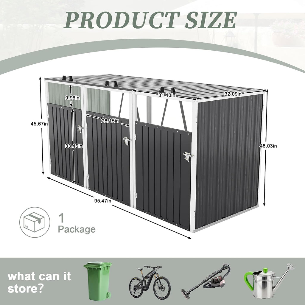 Outdoor Trash Can Storage, Garbage Bin Shed Stores 3 Trash Cans with Pneumatic Support Rod & Lockable Doors, Metal Outdoor Storage Shed for Garbage Cans, Garden, Backyard, and Patio, Grey