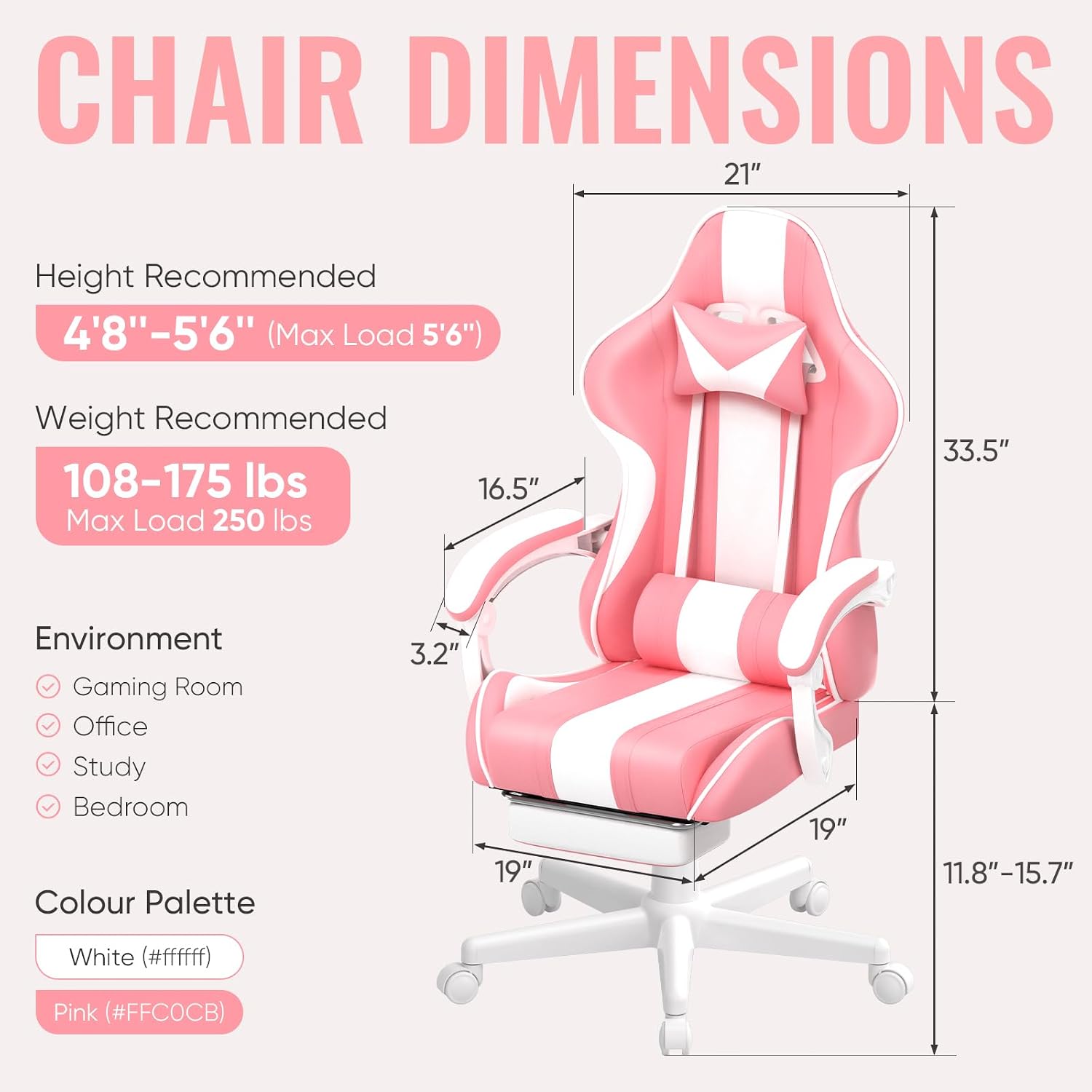 Ferghana Gaming Chairs, Ergonomic Racing Style PC Game Computer Chair with Headrest Lumbar Support Adjustable Recliner PU Leather Video Computer Chair(Pink)