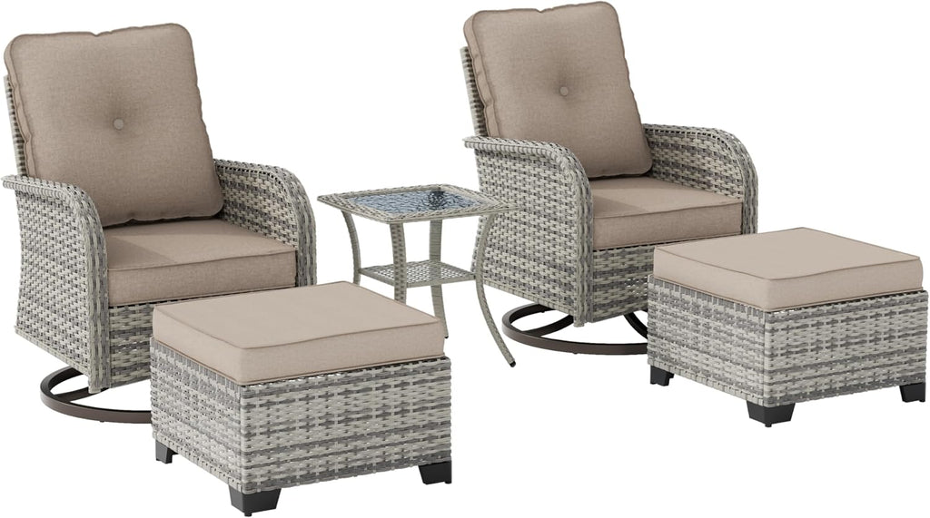 Outdoor Patio Furniture Set Patio Rocking Swivel Chair with Tempered Glass Side Table, Outdoor Wicker Rattan Bistro Set with Ottomans for Garden, Deck, and Balcony, Beige