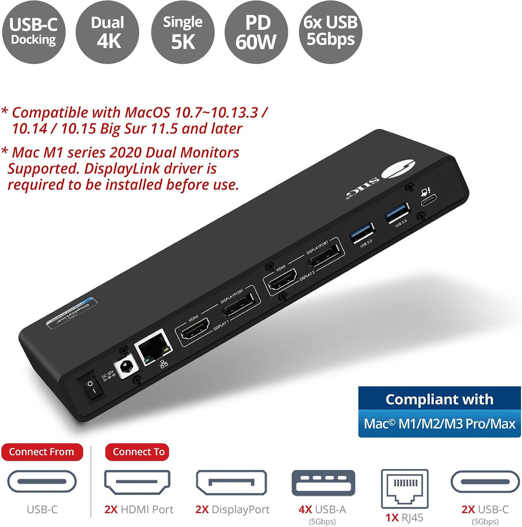 SIIG USB Type C Dual 4K Docking Station with 60W PD - Dual 4K@60Hz or Single 5K@60Hz Monitor Laptop Dock - DisplayLink - 2 HDMI 2 DisplayPort, 4 USB 3.0 Ports, 2 Type C Ports, Gigabit Ethernet Port
