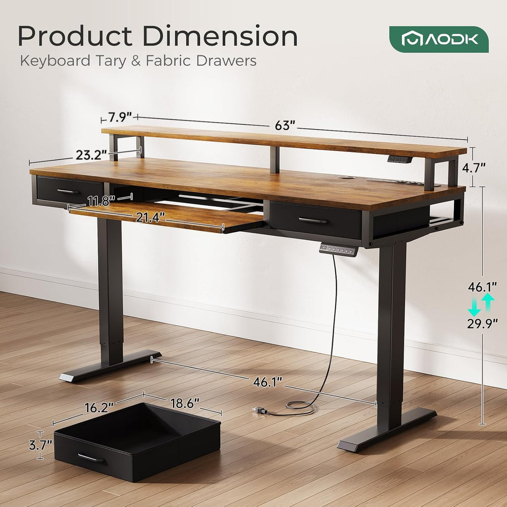 AODK Electric Standing Desk with Drawers & Keyboard Tray, 63 Inch Height Adjustable Gaming Desk with Power Outlets & LED Lights, Sit Stand Table with Monitor Stand for Home, Office, Rustic Brown