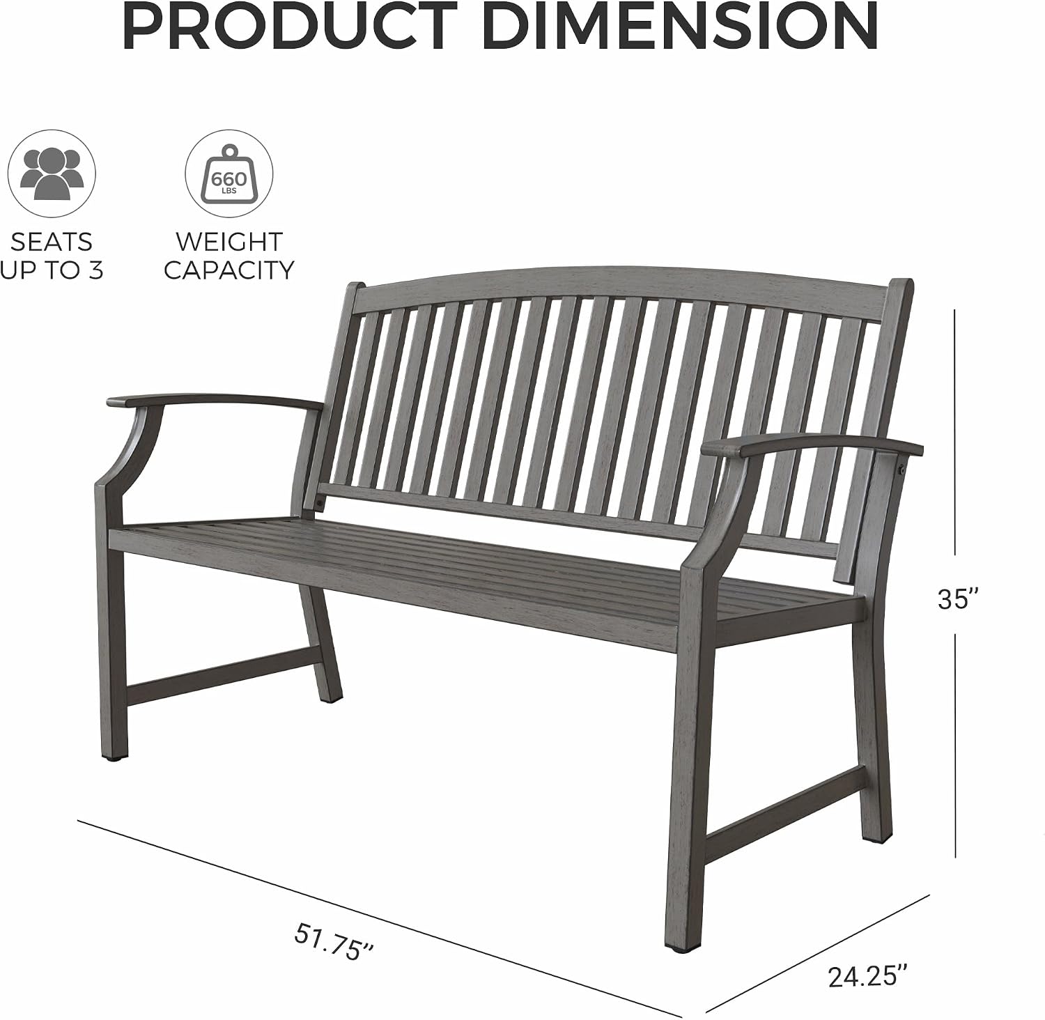 Grand patio Farmhouse Outdoor Bench, Garden Benches with Anti-Rust Aluminum, Faux Wood Grain Finish Frame Patio Bench for Front Porch, Weathered Gray