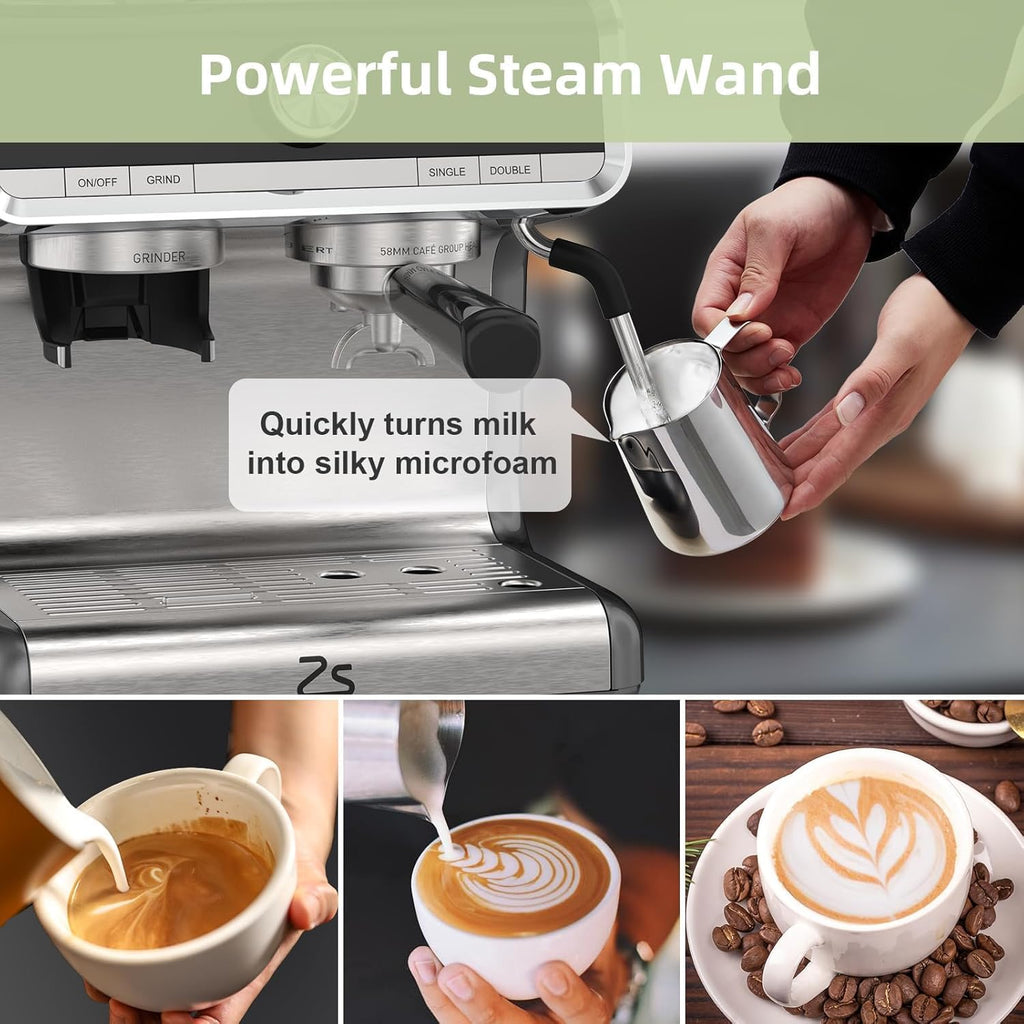 Espresso Machine with Built-in Grinder & Milk Frother, 15 Bar Semi-Automatic Coffee Maker with Steam Wand, 2.5l Water Tank, Italian Pump System, Stainless Steel Construction