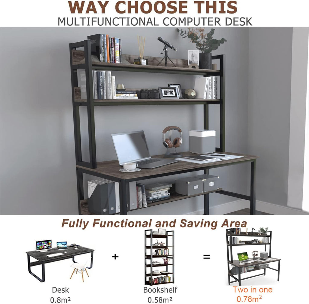 Aquzee Desk with Hutch Bookshelves, Computer Desk with 3 Tiers Storage Shelves, Space Saving Design Black Metal Legs Desk with Grey Board, Easy Assemble