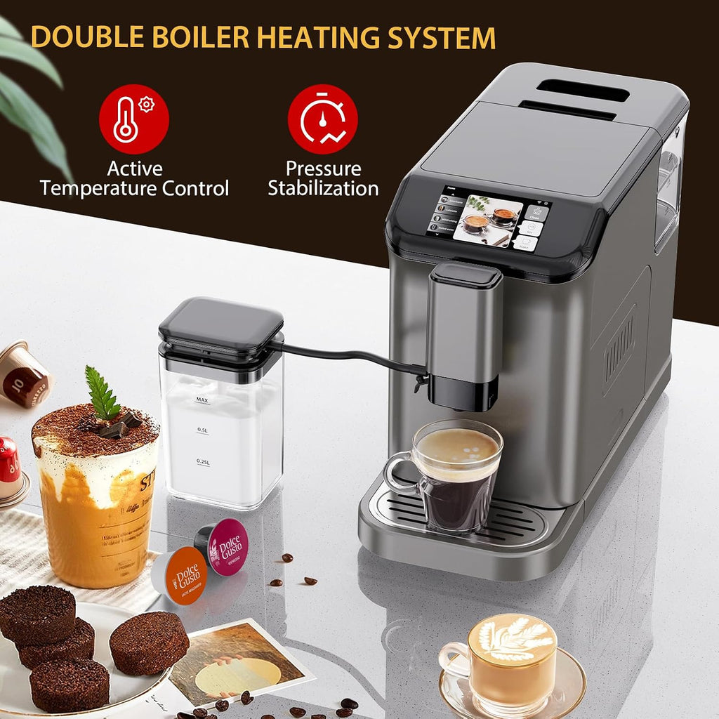 Espresso Maker with Milk Frother - Fully Automatic, 4-Beverage Options, Built-In Grinder, Intuitive Touch Display, and Sleek Finish Gold