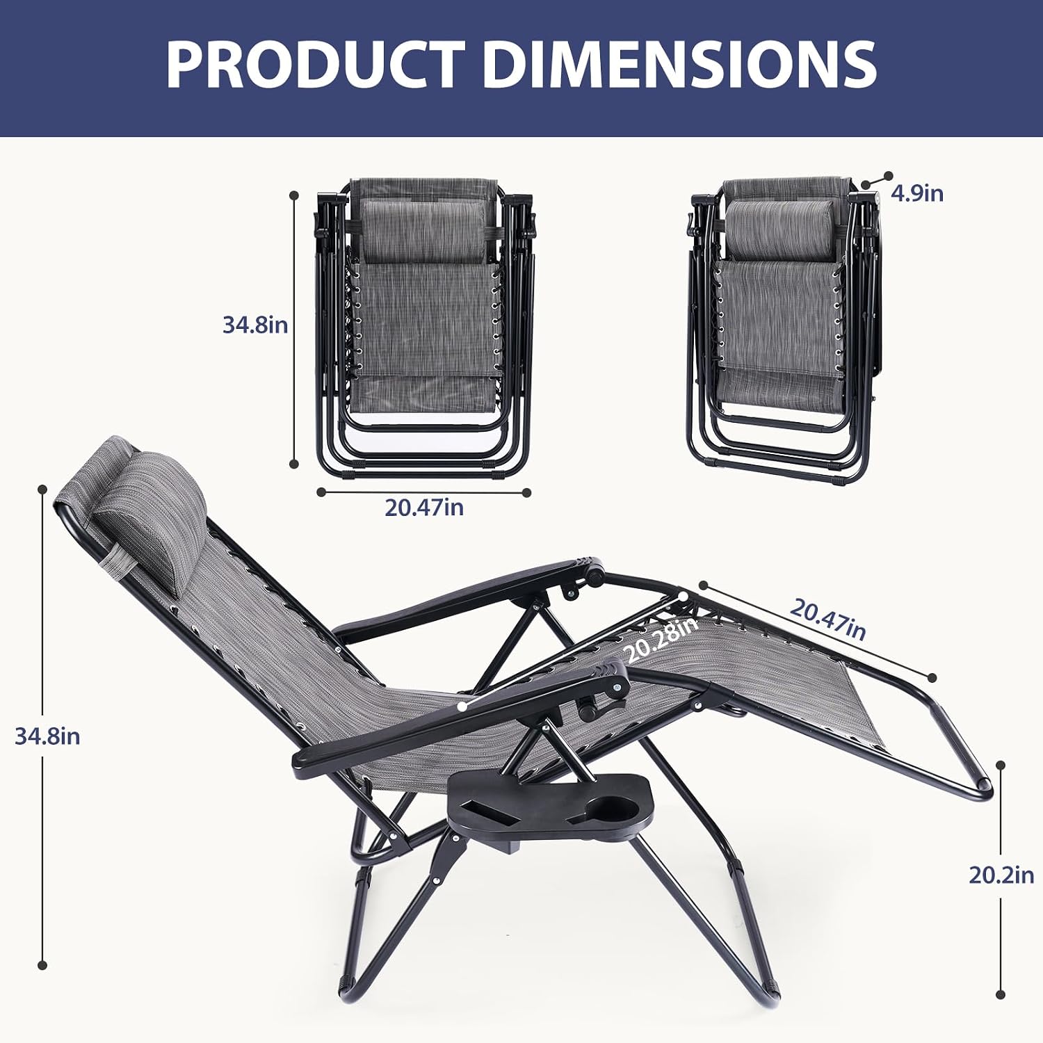 Sweetcrispy Zero Gravity Chairs, Set of 4 Portable Recliner Beach Camping Patio Outdoor Folding Lounge Chair with Cup Holder Trays and Adjustable Pillow for Poolside, Garden, Backyard, Lawn (Grey)
