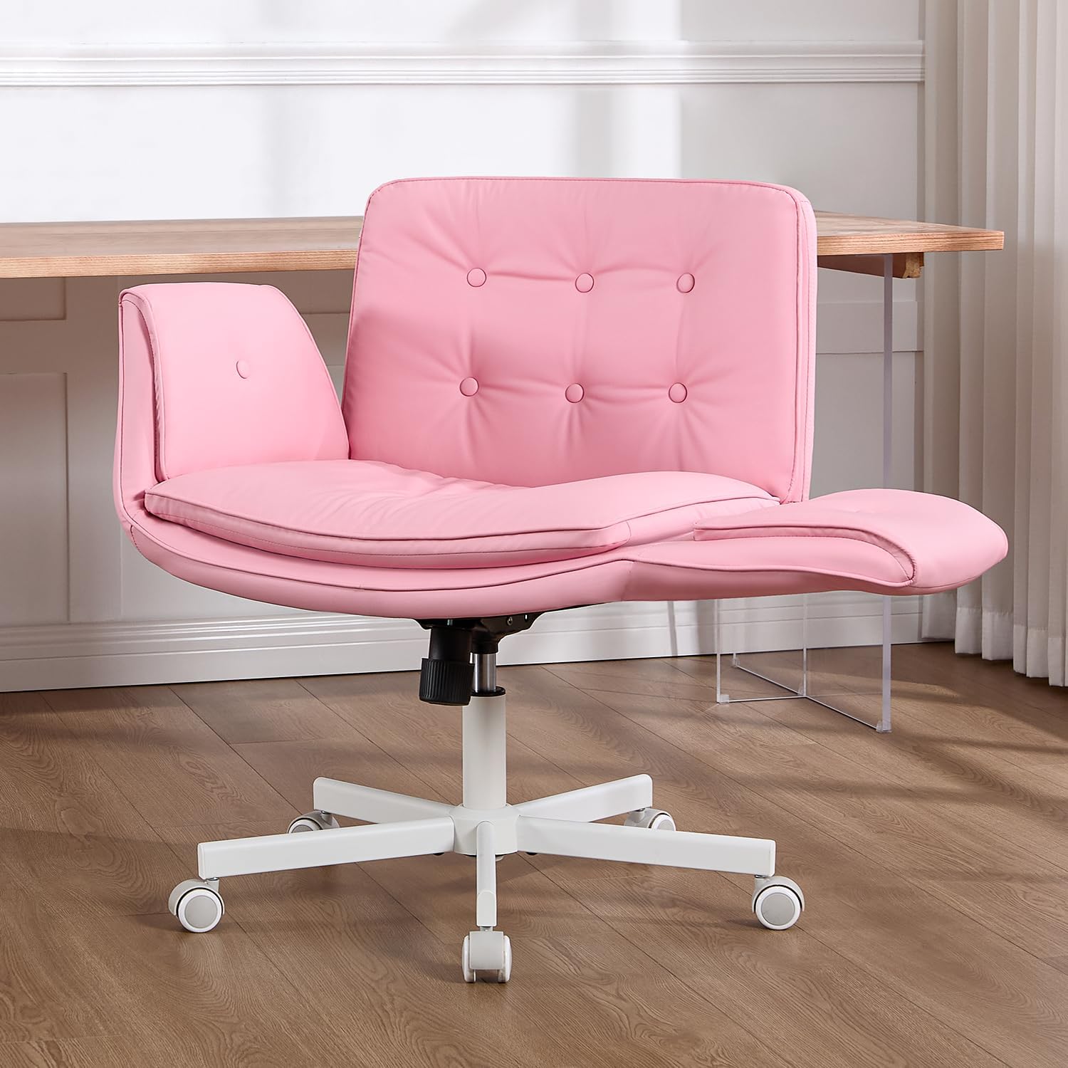 amseatec Criss Cross Office Chair, PU Leather Vanity Chair with 5-Level Adjustable Armrests & Swivel, Ergonomic Criss Cross Chair for Home Office Bedroom Makeup（Pink）