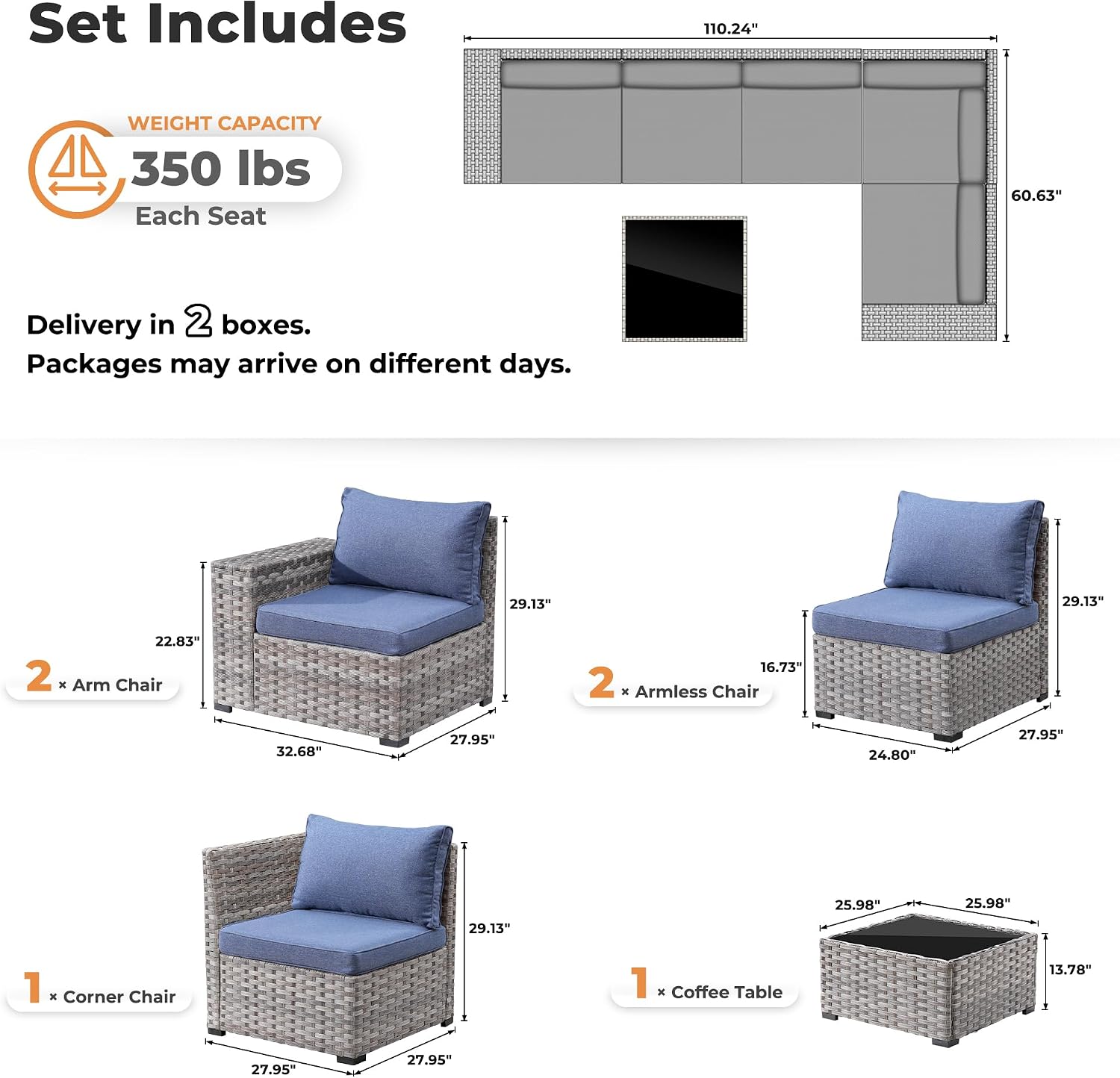 ovios 6 Pieces Patio Furniture Set, Outdoor Wicker Sectional Sofa with Coffee Table Comfy Cushions, Modern Modular Deep Seat Couch Rattan Conversation Set, Denim Blue