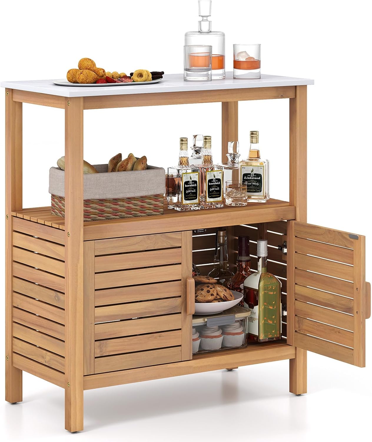 Goplus Patio Wood Storage Cabinet, Outdoor Acacia Wood Buffet Cabinet with Marble-Like Countertop, Open Shelf & 2 Doors, Sideboard Organizer for Outdoor Kitchen, Backyard, Garden