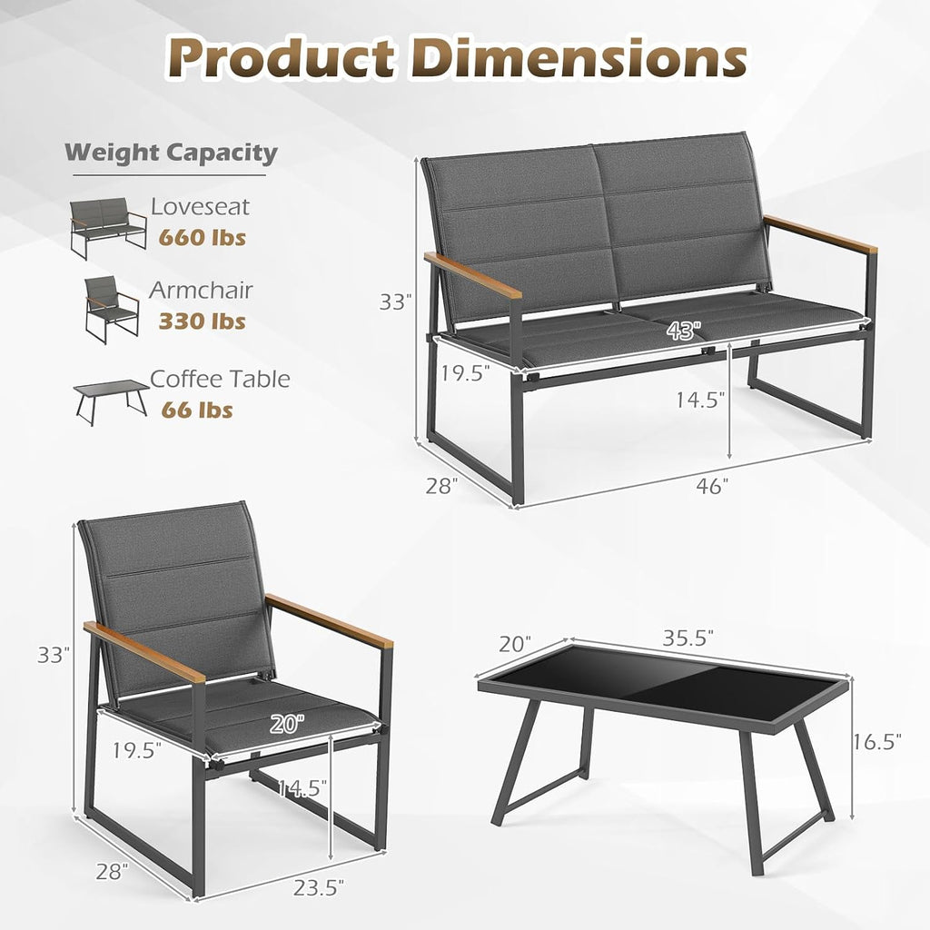 Tangkula 4 Piece Patio Furniture Set, Outdoor Metal Conversation Set with Padded Fabric Seat & Wood-Plastic Armrests, Sectional Sofa Set with Tempered Glass Coffee Table for Backyard, Porch (Gray)