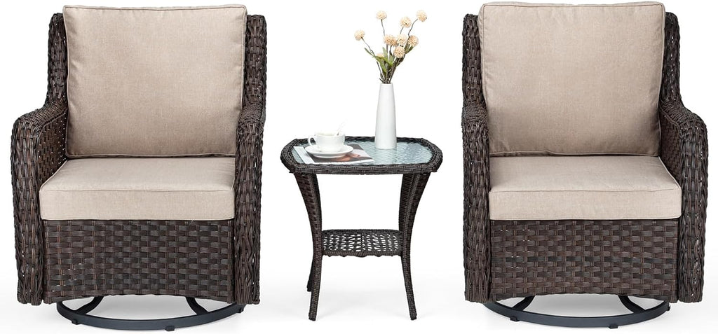 GarveeLife 3 Pieces Outdoor Swivel Chair Set, Upgraded Encrypted Rattan Wicker Swivel Rocker Patio Chairs, Thick Cushion and Side Table for Balcony, Porch, Backyard, Garden, Beige