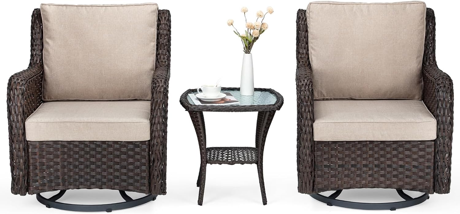 GarveeLife 3 Pieces Outdoor Swivel Chair Set, Upgraded Encrypted Rattan Wicker Swivel Rocker Patio Chairs, Thick Cushion and Side Table for Balcony, Porch, Backyard, Garden, Beige