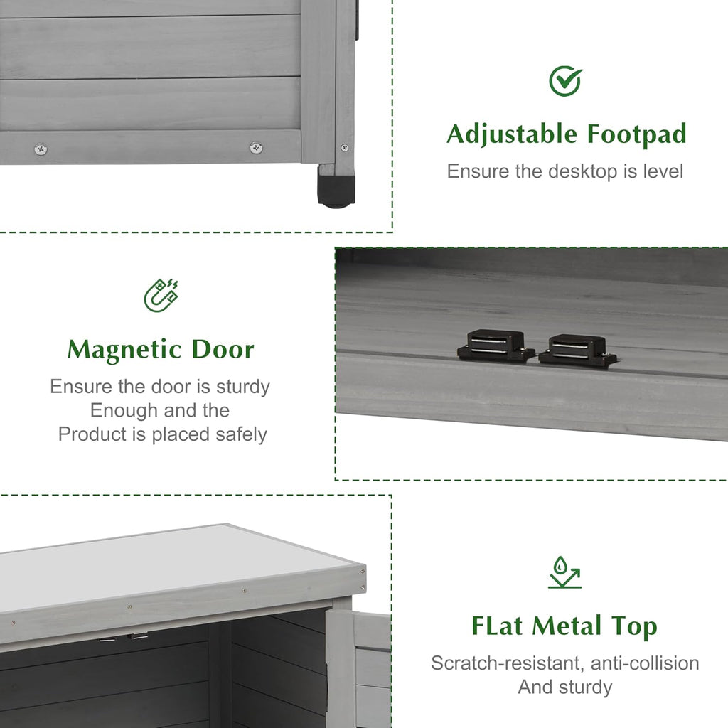 Outdoor Storage Cabinet & Potting Bench Table with Metal Top, Wooden Patio Furniture, Garden Workstation (Classic Grey, 36x31x17in)
