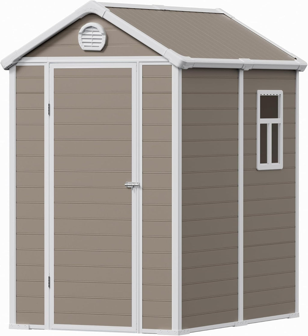 6x4.5 FT Plastic Sheds & Outdoor Storage, UV Resistant Storage Sheds Outdoor with Floor and Window, All-Weather Garden Resin Tool Shed for Lawn Mower, Yard Tools, Bike, Warm Gray