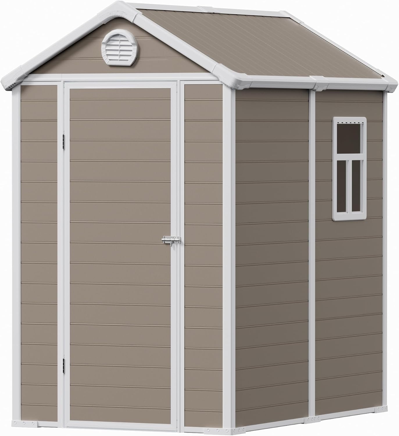 6x4.5 FT Plastic Sheds & Outdoor Storage, UV Resistant Storage Sheds Outdoor with Floor and Window, All-Weather Garden Resin Tool Shed for Lawn Mower, Yard Tools, Bike, Warm Gray