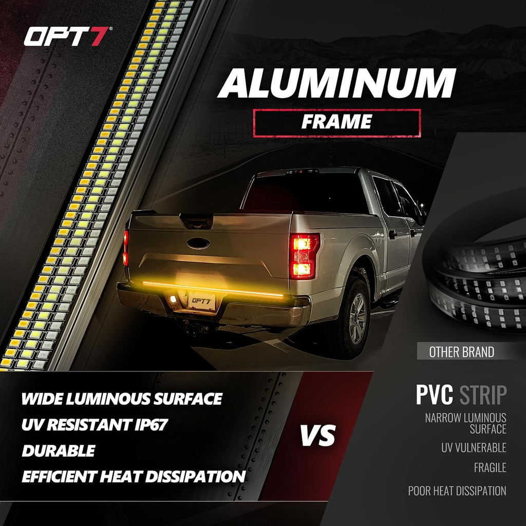 OPT7 Redline 60' Aluminum Truck Tailgate Light Bar w/Sequential Amber Turn - Weatherproof Rigid 1-Piece Triple Row LED Strip - Dynamic Taillight w/White Reverse - Fits F150, Silverado, Sierra, Ram