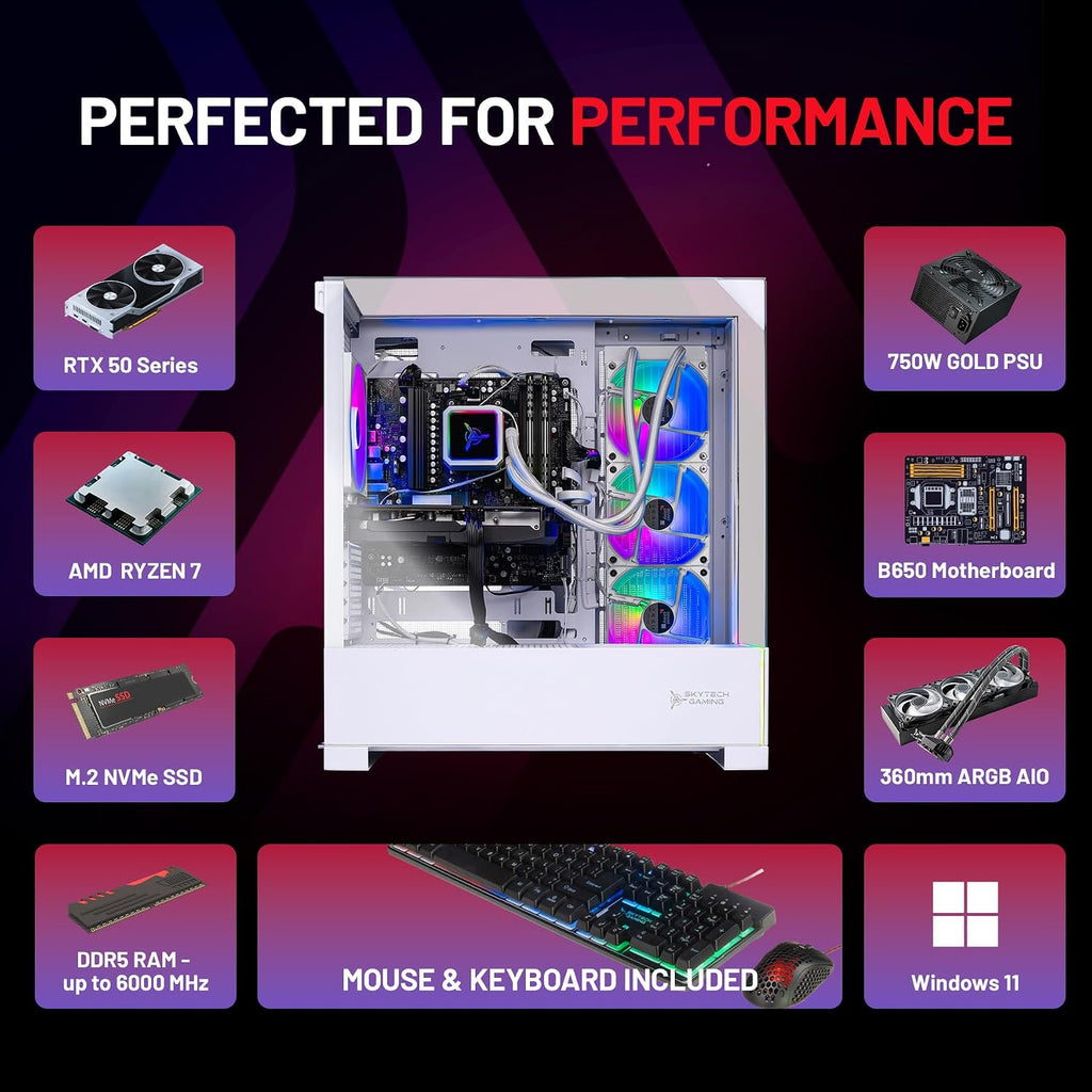 Skytech Gaming Archangel 5 Gaming PC, AMD Ryzen 7 9700X 3.8GHz, NVIDIA RTX 5070 12GB, 1TB Gen4 NVMe SSD, 32GB DDR5 RAM 6000, 750W Gold PSU, 360 ARGB AIO, Wi-Fi, Win 11, Desktop