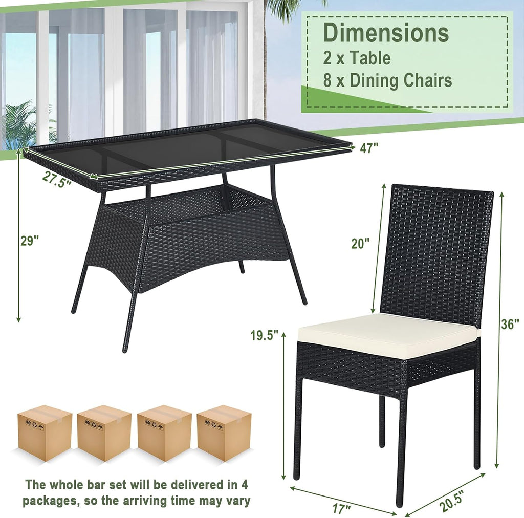 Tangkula 10 Pieces Wicker Patio Dining Set, Outdoor Rattan Table & Chairs Set with Padded Cushions, Patio Furniture Dining Glass Table Set for Balcony Patio Garden Poolside