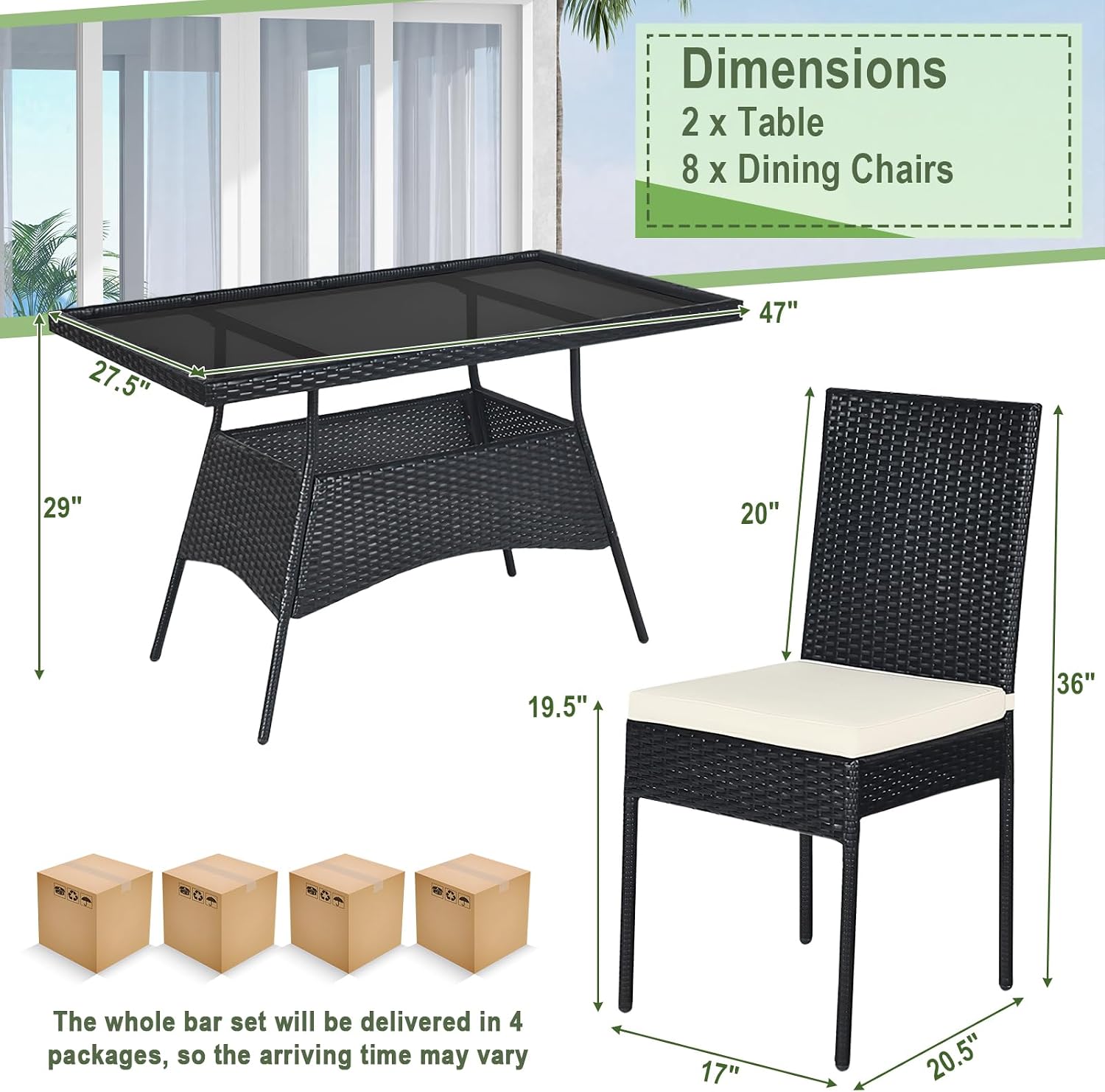 Tangkula 10 Pieces Wicker Patio Dining Set, Outdoor Rattan Table & Chairs Set with Padded Cushions, Patio Furniture Dining Glass Table Set for Balcony Patio Garden Poolside