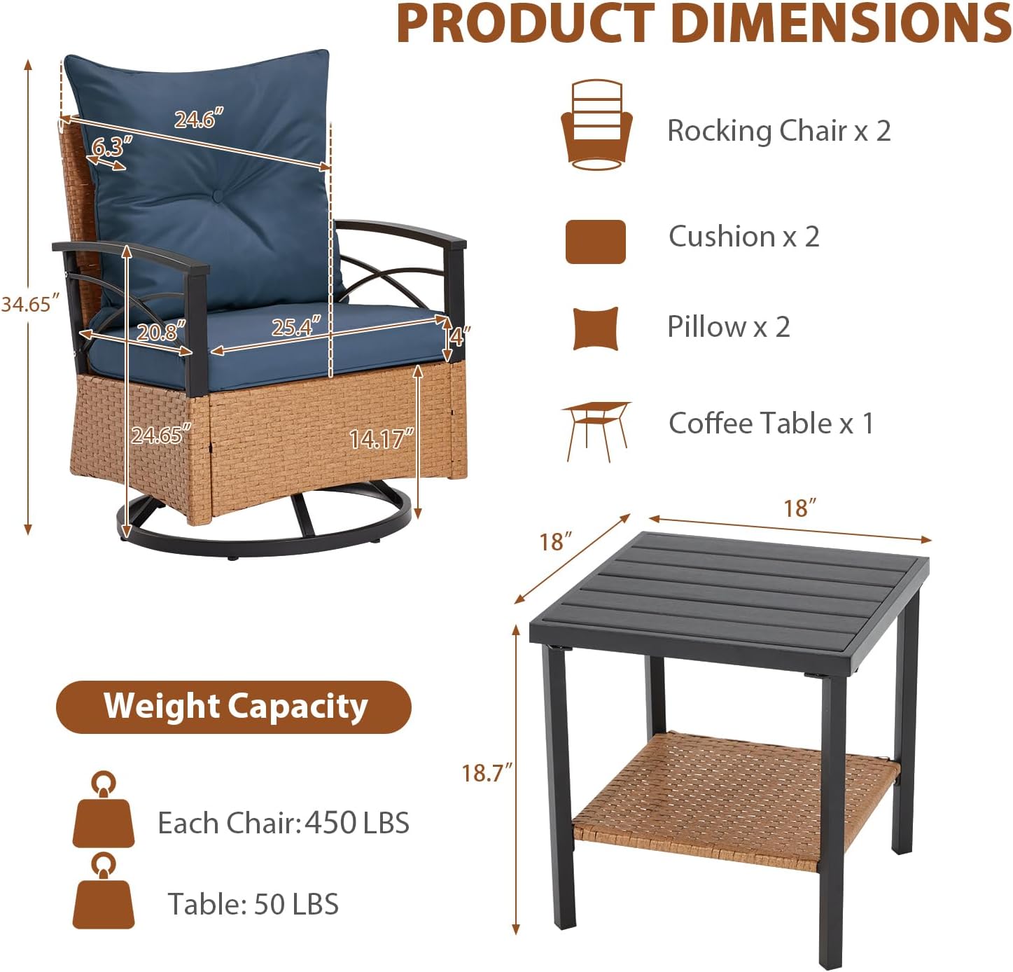 MELLCOM 3 Pieces Patio Furniture Set, Outdoor Swivel Patio Rocker Chairs with Thick Cushions and 2-Tier Coffee Table, Oversize Wicker Bistro Conversation Sets for Garden, Balcony, Backyard, Blue