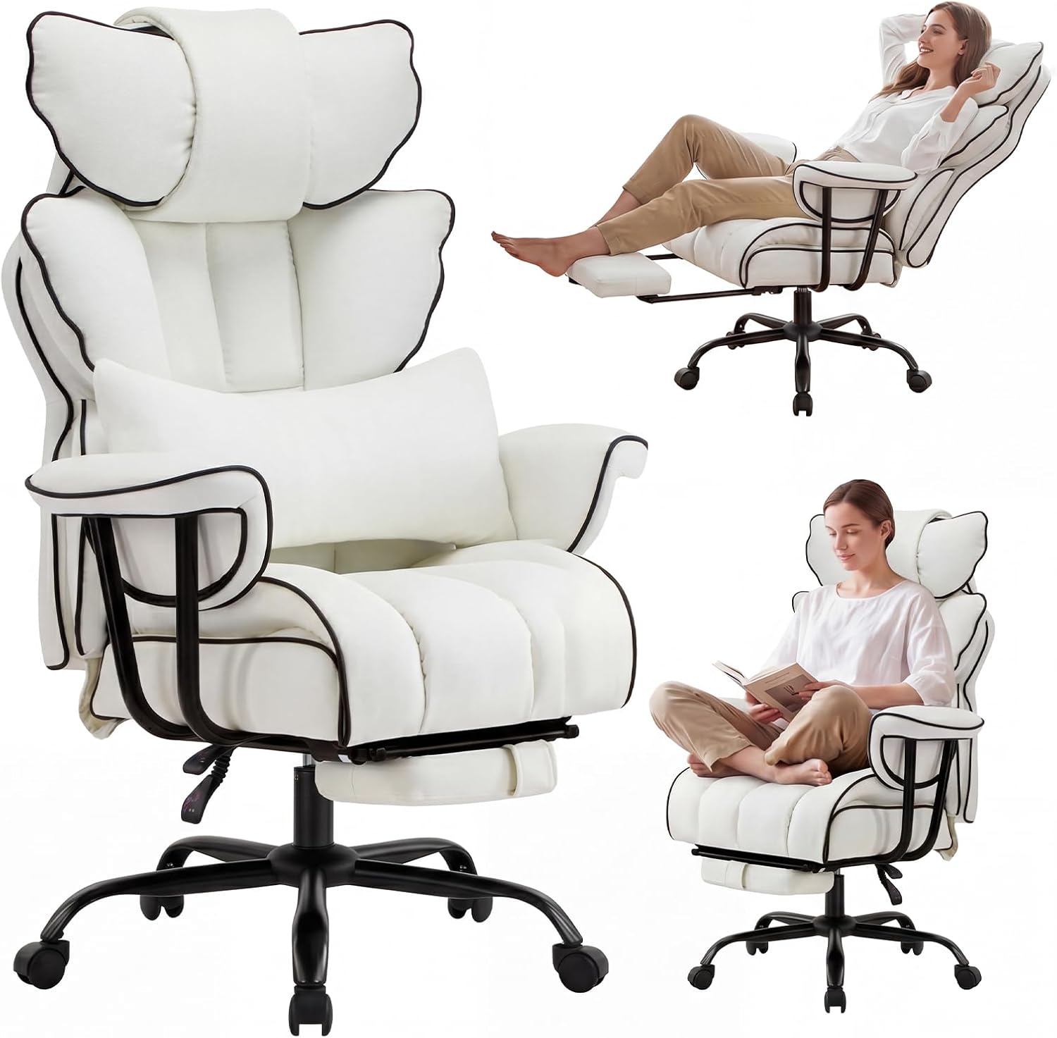 Furniliving Big and Tall Executive Office Chair- Ergonomic, Reclining Desk Chair with Footrest Lumbar Pillow, Height Adjustable Back Leather Chair for Home Office, Pure White