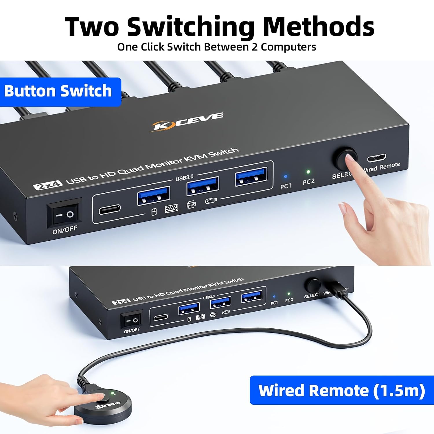 KVM Switch 3 Monitors 3 Computers 8K@60Hz, Camgeet HDMI+2 Displayport KVM Switch Triple Monitor for 3 Computer Share 3 Monitor and 4 USB3.0 Devices,Wired Remote and 12V Power Adapter Included