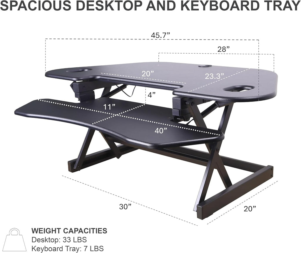 Rocelco 46' Height Adjustable Corner Standing Desk Converter with AC Outlet and USB Charger - Sit Stand Up Dual Monitor Tabletop Riser Workstation - Large Keyboard Tray - Black (R CADRB-46-ACUSB)