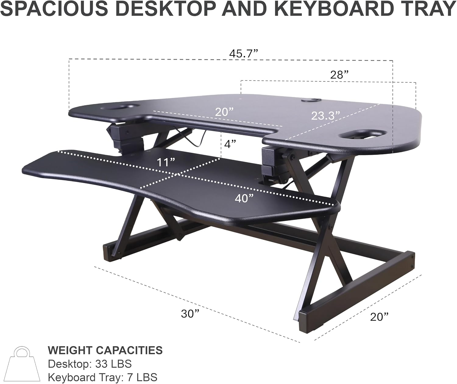 Rocelco 46' Height Adjustable Corner Standing Desk Converter with AC Outlet and USB Charger - Sit Stand Up Dual Monitor Tabletop Riser Workstation - Large Keyboard Tray - Black (R CADRB-46-ACUSB)