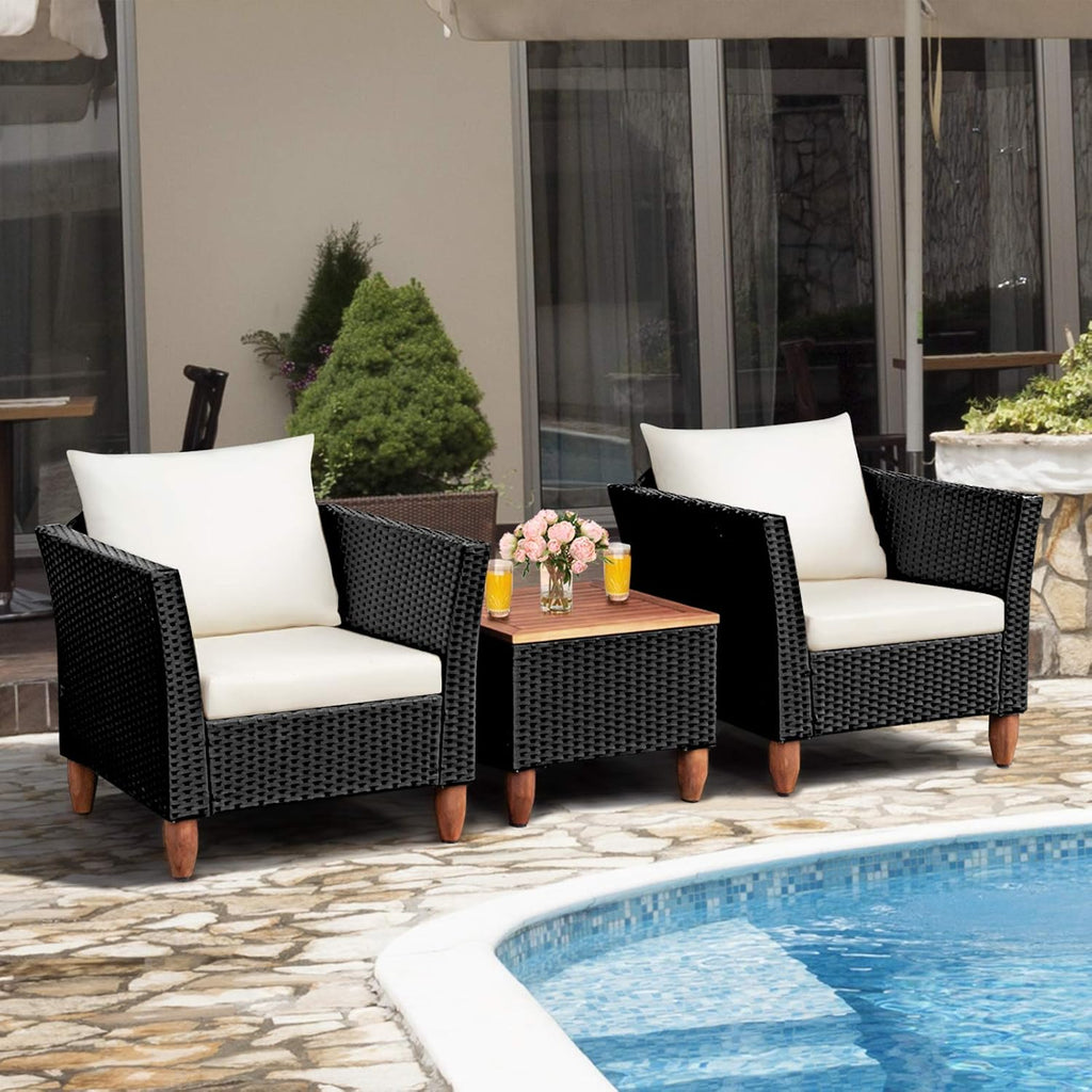 COSTWAY 3 Pieces Patio Rattan Furniture Set, Outdoor Wicker Conversation Chairs Set with Acacia Wood Coffee Table & Washable Cushion, Porch Furniture Bistro Set for Balcony, Garden, Backyard, White