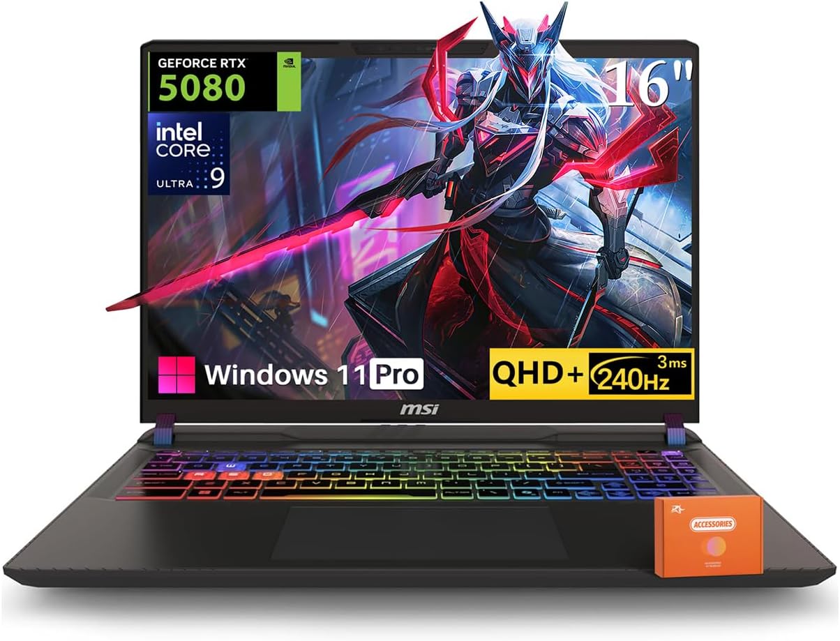 MSI Vector 16 HX AI Gaming Laptop, Intel Ultra 9 275HX(Up to 5.4GHz), NVIDIA RTX 5080 16GB GDDR7, 16' QHD+ 240Hz, Wi-Fi 7, 64 GB DDR5, 2 TB SSD, RGB Backlit Keyboard, Windows 11 Pro, w/Accessories
