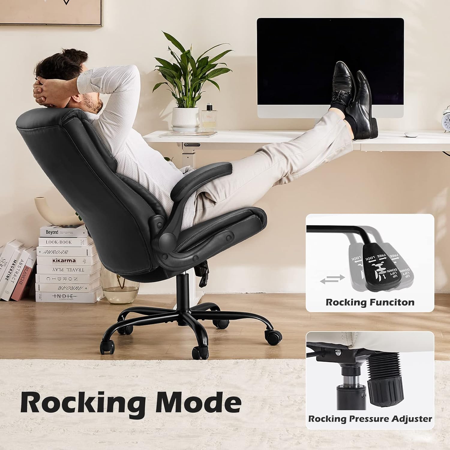 DUMOS Office Chair Set of 2 - Ergonomic Executive Computer Desk Chairs with Adjustable Flip-up Armrest, Swivel Task Chair with Lumbar Support, Strong Metal Base, PU Leather, Black