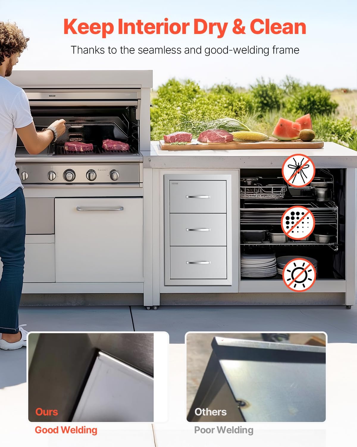 VEVOR Outdoor Kitchen Drawers, 16.5' W x 29' H x 20.5' D Triple Access Drawers, Stainless Steel Flush Mount Cabinets, BBQ Island Storage with Paper Towel Holder & Handle, for Patio Grill Station