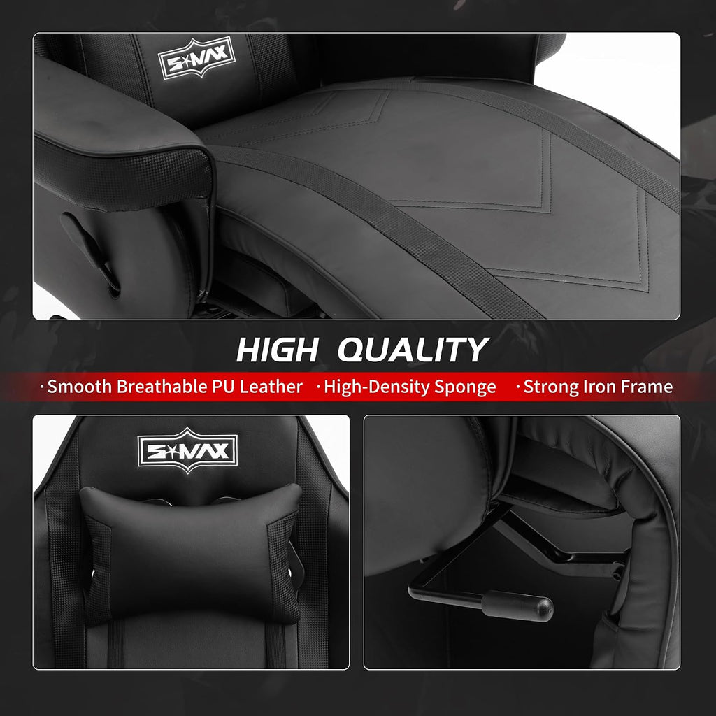 S*MAX Gaming Recliner Chair for Adults Height Adjustable Higher Back Wider Lumbar Support Swivel Adjustable Footrest Larger Cup Holder Side Pouch Gamer Chairs Black X Large