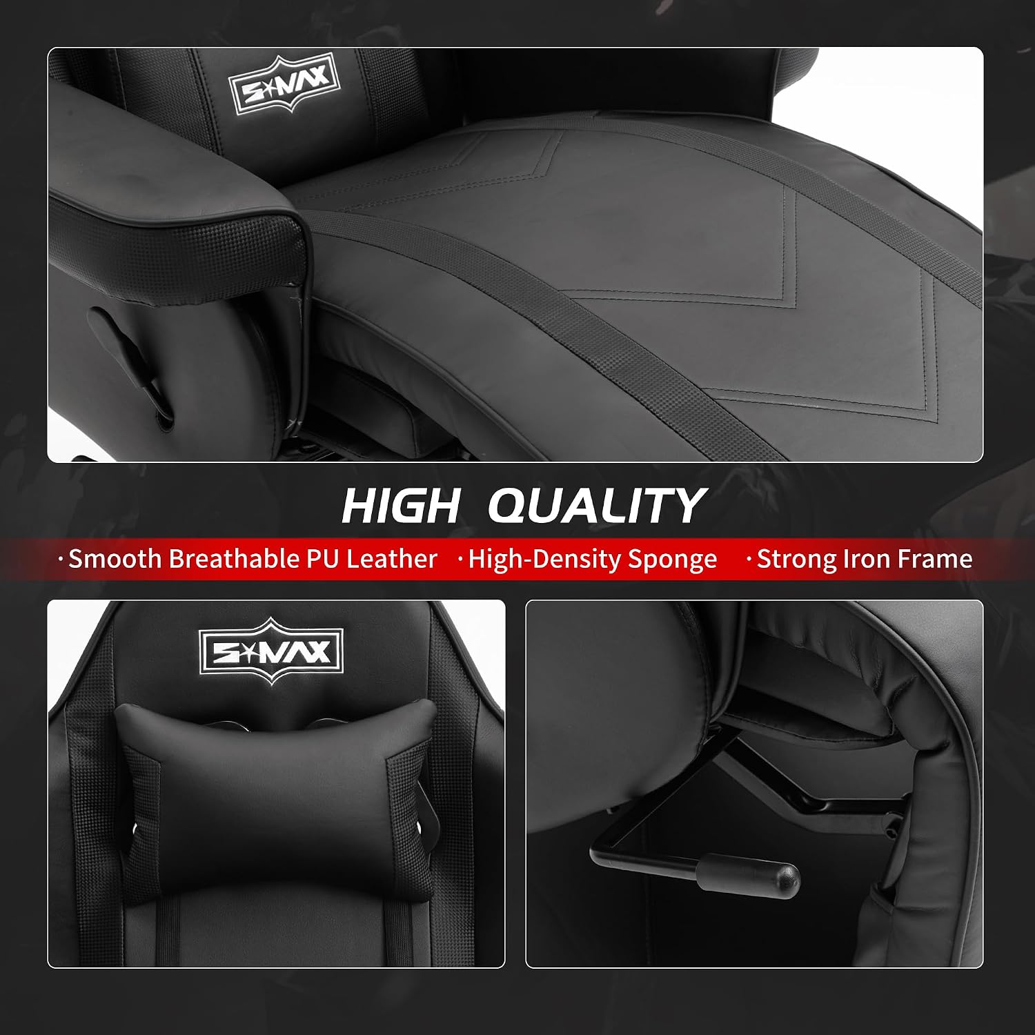 S*MAX Gaming Recliner Chair for Adults Height Adjustable Higher Back Wider Lumbar Support Swivel Adjustable Footrest Larger Cup Holder Side Pouch Gamer Chairs Black X Large